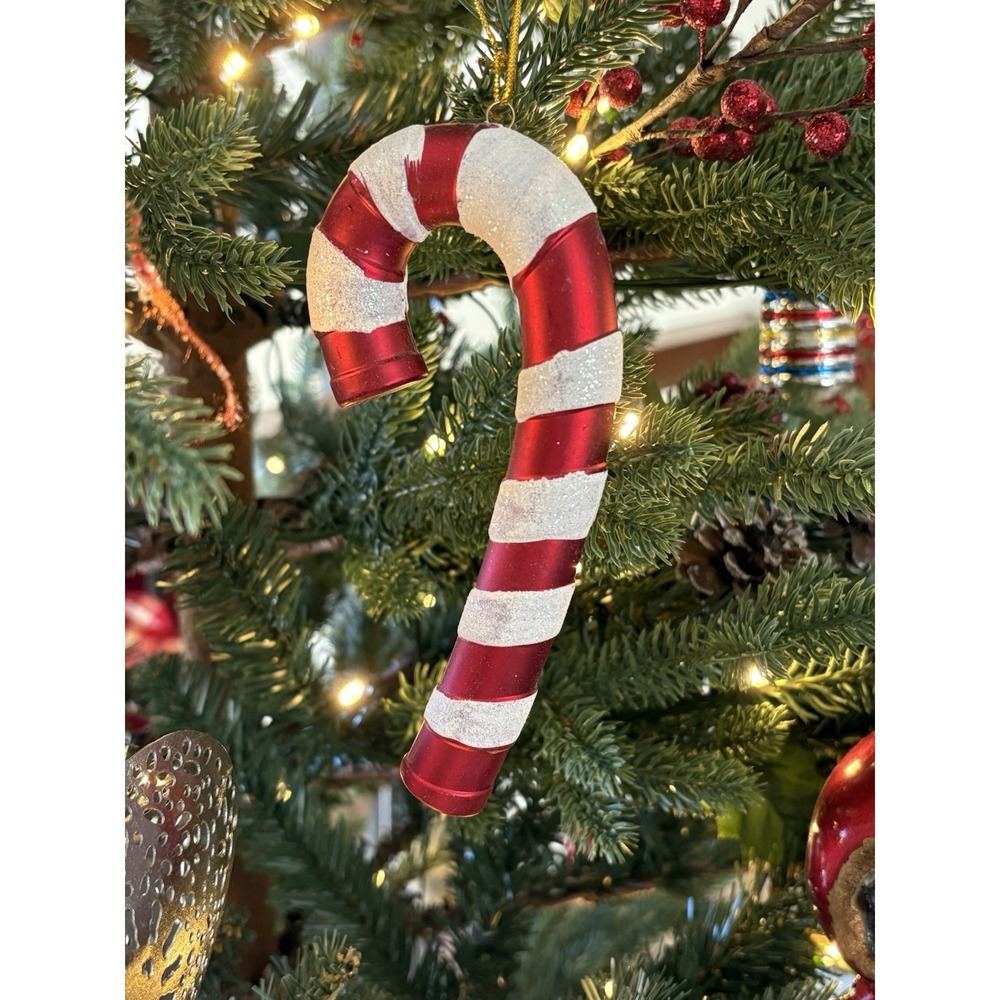 Set Of 4 Candy  Cane Christmas Ornaments Red White Glitter Accent  4 In